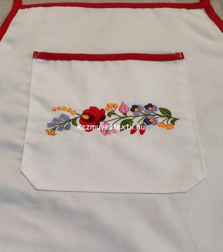 Uniszex kötény - Hímzett Kalocsai zsebes - Fehér