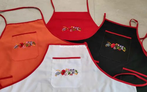 Uniszex kötény - Hímzett Kalocsai zsebes - Fehér