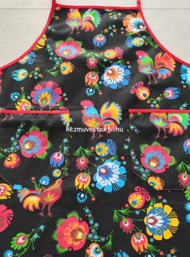 Női kötény - Fekete kakas/virág mintás - Négyzet alakú